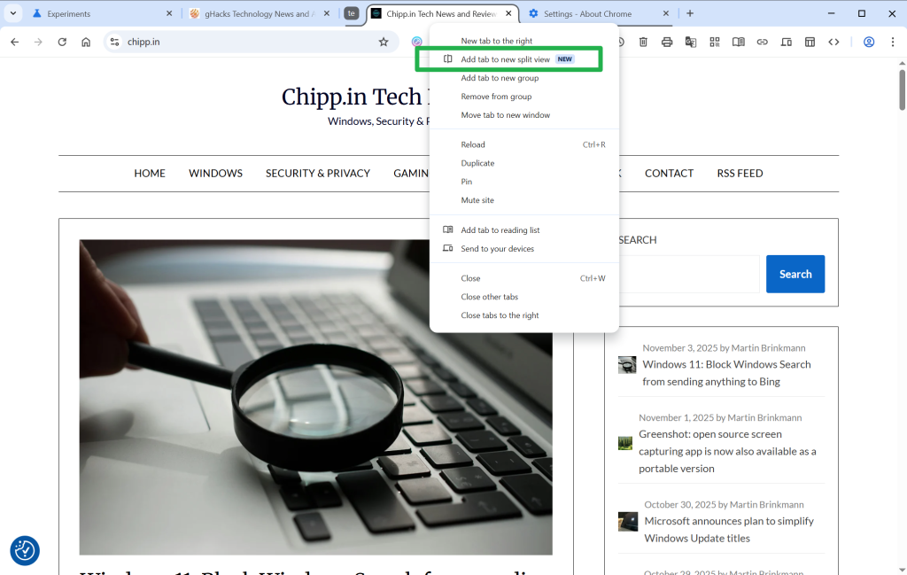 Google Chrome Split View