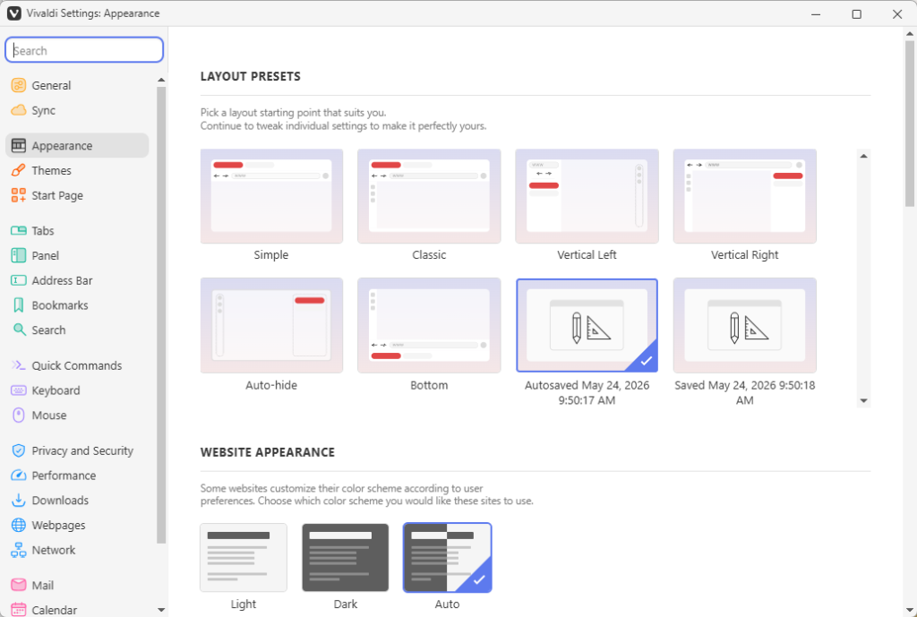 The new layout presets plus the custom layouts saved automatically.